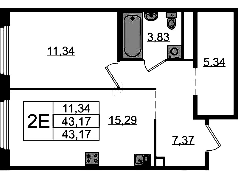 1-комнатная квартира 43.17 м², 1/15 эт., ЖК «GloraX Парголово»